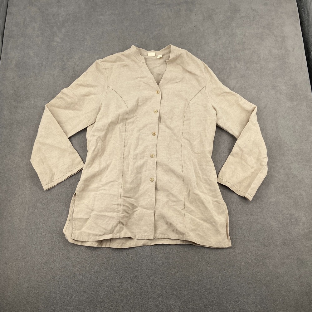 Caslon Classic Linen Shirt Womens Large Beige Long Sleeve V-Neck Button Front